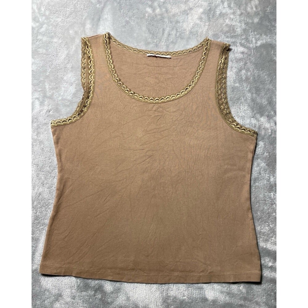 JM Collection Thick Stretch Lace Trim Brown Tank Top Women’s Crew Neck Size L